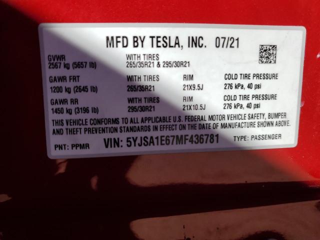 5YJSA1E67MF436781 - 2021 TESLA MODEL S RED photo 13