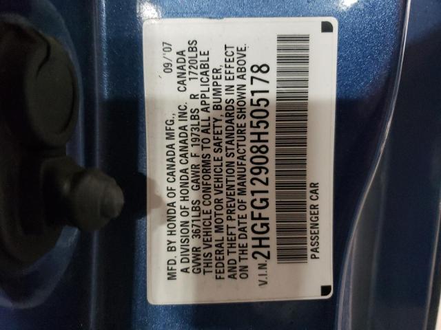 2HGFG12908H505178 - 2008 HONDA CIVIC EXL ლურჯი ფოტო 12