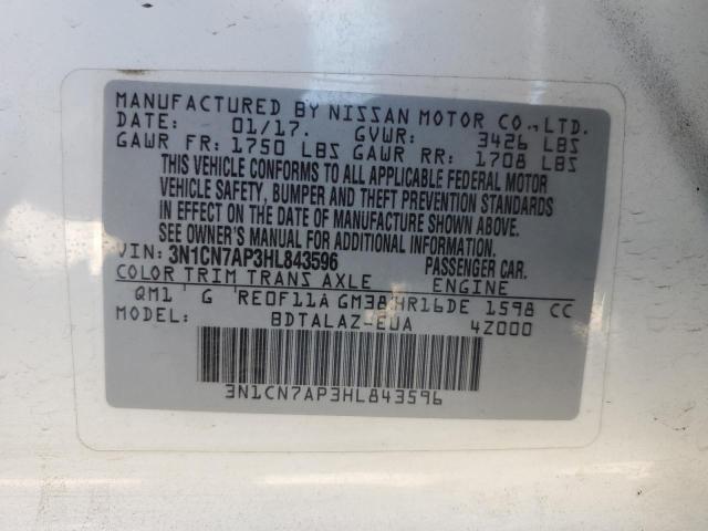 3N1CN7AP3HL843596 - 2017 NISSAN VERSA S WHITE photo 12