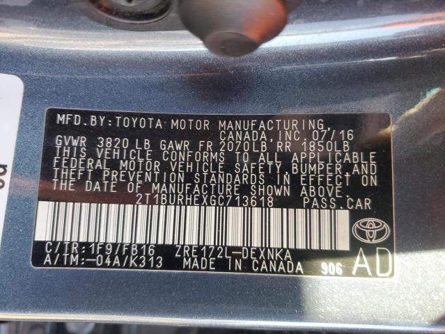 2T1BURHEXGC713618 - 2016 TOYOTA COROLLA L GRAY photo 12