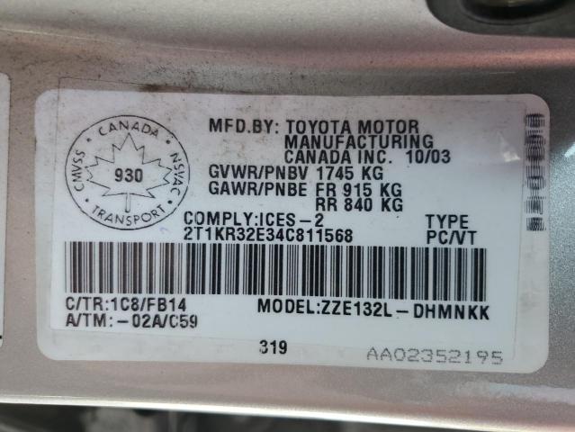 2T1KR32E34C811568 - 2004 TOYOTA COROLLA MA XR SILVER photo 12