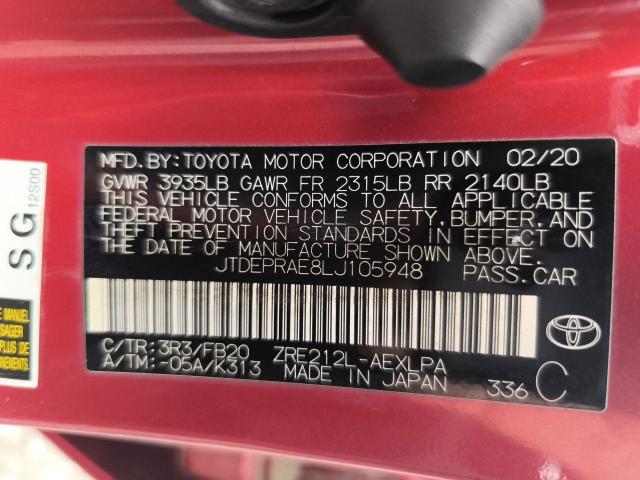 JTDEPRAE8LJ105948 - 2020 TOYOTA COROLLA LE 红色 照片 12