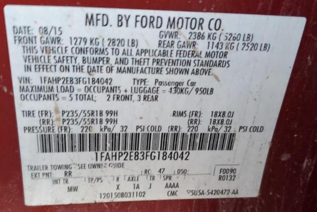 1FAHP2E83FG184042 - 2015 FORD TAURUS SEL RED photo 12