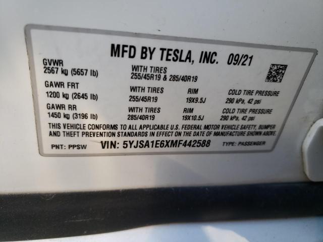 5YJSA1E6XMF442588 - 2021 TESLA MODEL S Սպիտակ լուսանկար 14