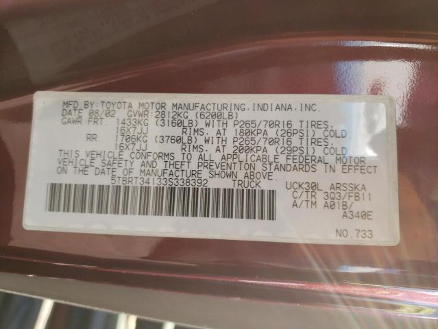 5TBRT34133S338392 - 2003 TOYOTA TUNDRA ACCESS CAB SR5 BURGUNDY photo 12