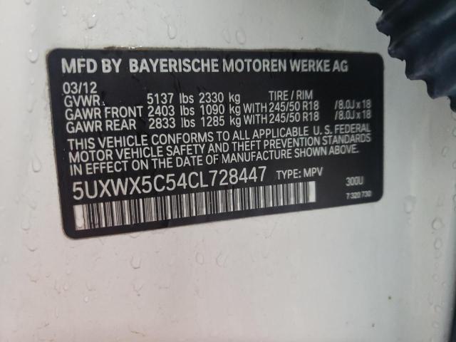 5UXWX5C54CL728447 - 2012 BMW X3 XDRIVE28I WHITE photo 12