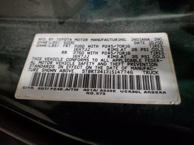 5TBRT34131S147746 - 2001 TOYOTA TUNDRA ACCESS CAB მწვანე ფოტო 12