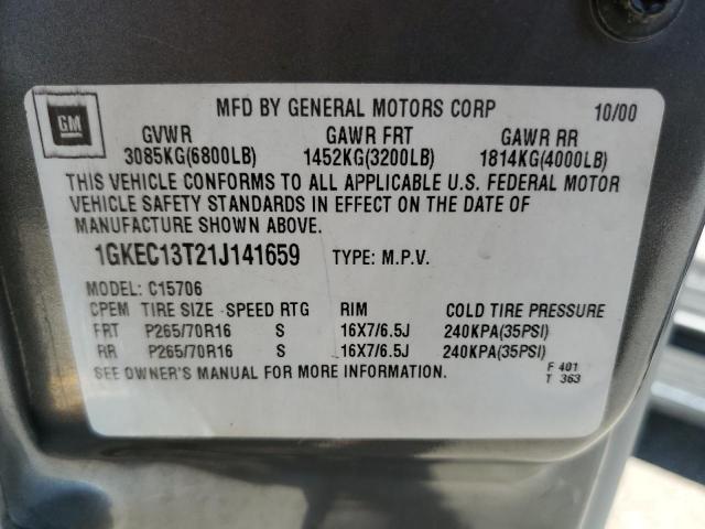 1GKEC13T21J141659 - 2001 GMC YUKON Մոխրագույն լուսանկար 13