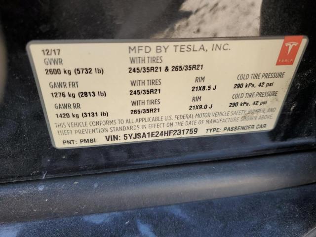 5YJSA1E24HF231759 - 2017 TESLA MODEL S BLACK photo 12