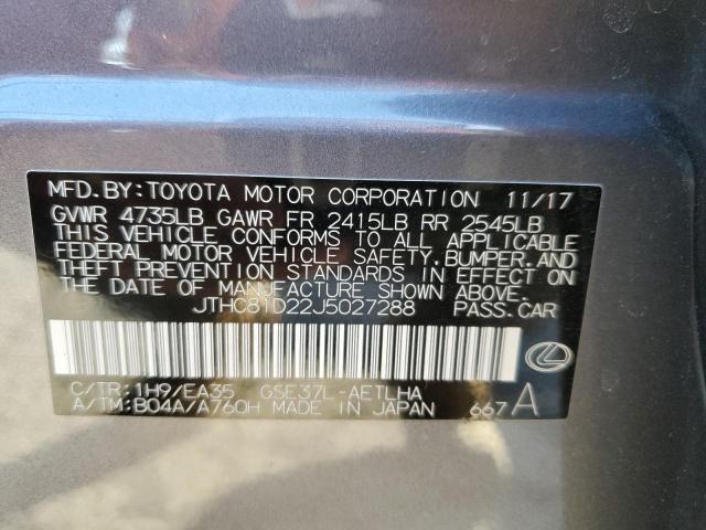 JTHC81D22J5027288 - 2018 LEXUS IS 300 GRAY photo 12