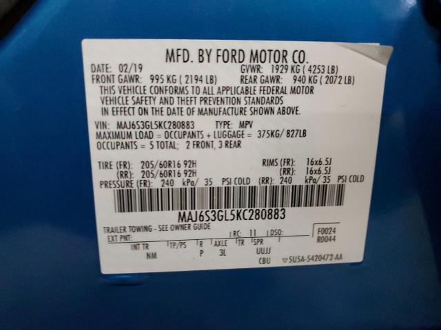 MAJ6S3GL5KC280883 - 2019 FORD ECOSPORT SE BLUE photo 12