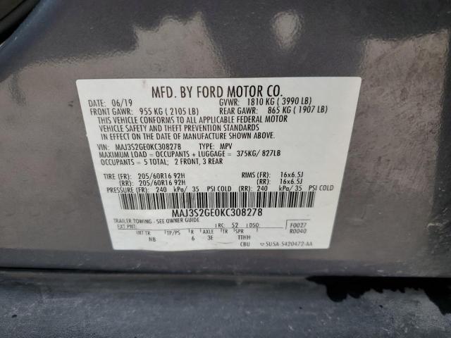 MAJ3S2GE0KC308278 - 2019 FORD ECOSPORT SE GRAY photo 12