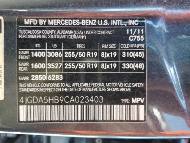 4JGDA5HB9CA023403 - 2012 MERCEDES-BENZ ML 350 4MATIC GRAY photo 13