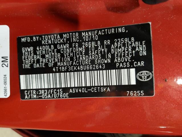 4T1BF3EK4BU662643 - 2011 TOYOTA CAMRY BASE RED photo 12