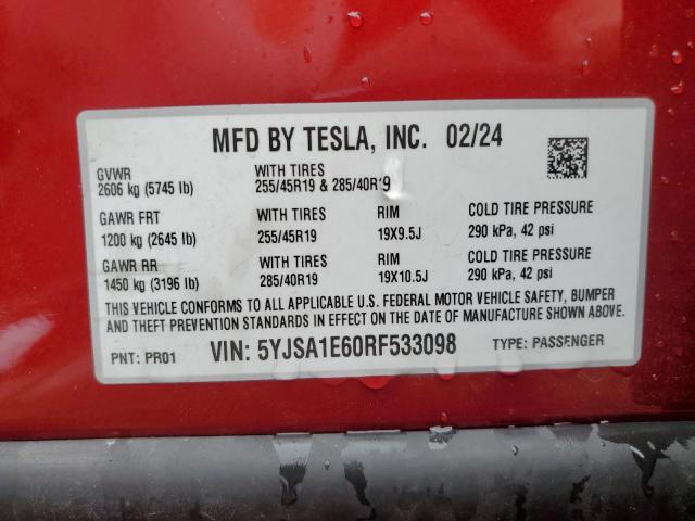 5YJSA1E60RF533098 - 2024 TESLA MODEL S RED photo 13