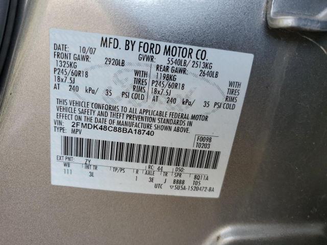 2FMDK48C88BA18740 - 2008 FORD EDGE SEL BEIGE photo 12