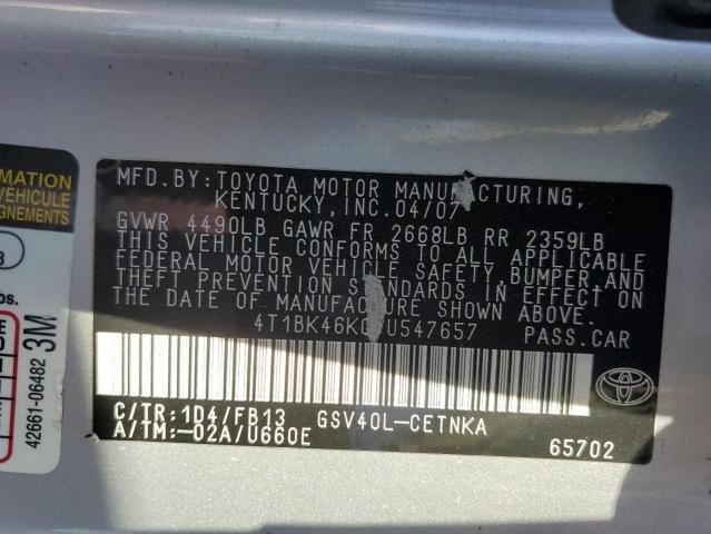 4T1BK46K07U547657 - 2007 TOYOTA CAMRY LE GRAY photo 12