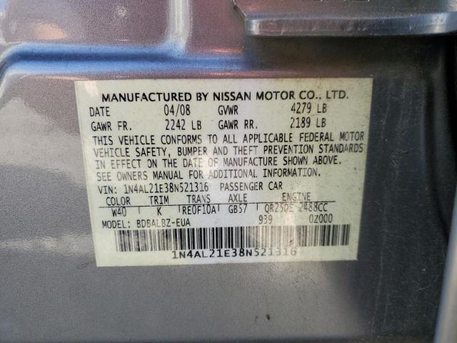 1N4AL21E38N521316 - 2008 NISSAN ALTIMA 2.5 SILVER photo 12