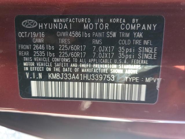 KM8J33A41HU339753 - 2017 HYUNDAI TUCSON LIMITED BURGUNDY photo 13