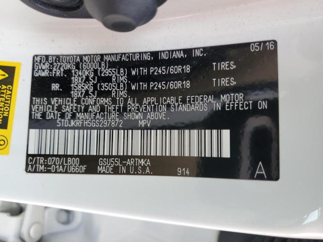 5TDJKRFH5GS297872 - 2016 TOYOTA HIGHLANDER XLE WHITE photo 13