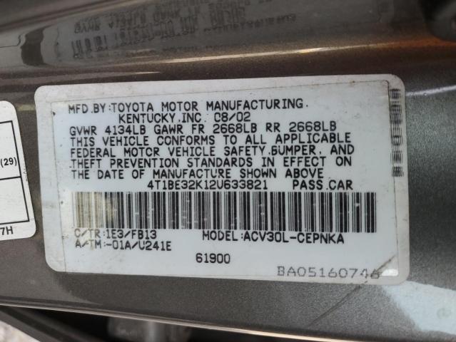 4T1BE32K12U633821 - 2002 TOYOTA CAMRY LE GRAY photo 12