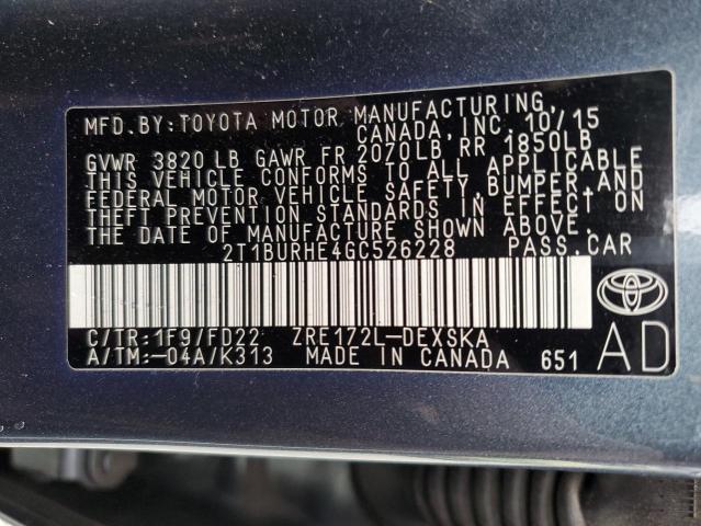 2T1BURHE4GC526228 - 2016 TOYOTA COROLLA L GRAY photo 12