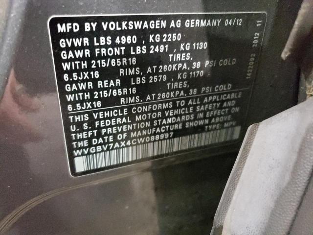 WVGBV7AX4CW088997 - 2012 VOLKSWAGEN TIGUAN S GRAY photo 12