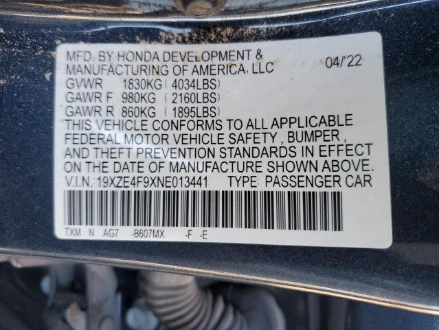 19XZE4F9XNE013441 - 2022 HONDA INSIGHT TOURING GRAY photo 12