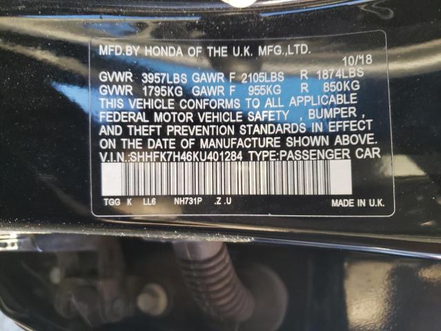 SHHFK7H46KU401284 - 2019 HONDA CIVIC SPORT შავი ფოტო 12