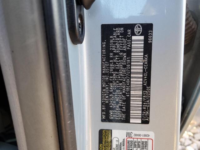 4T1BE46K77U706181 - 2007 TOYOTA CAMRY CE SILVER photo 12