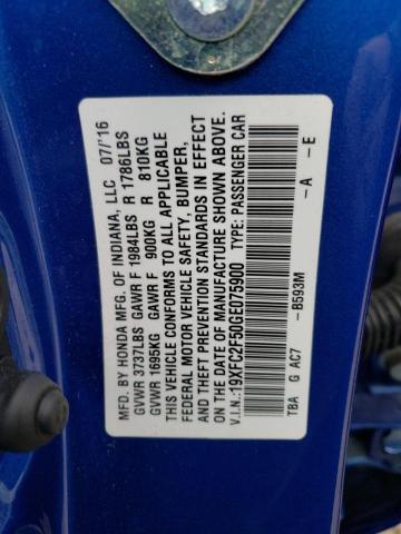 19XFC2F50GE075900 - 2016 HONDA CIVIC LX BLUE photo 12