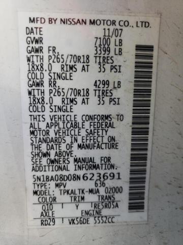 5N1BA08D08N623691 - 2008 NISSAN ARMADA SE WHITE photo 12