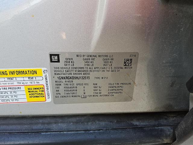 1GNKRGKD9HJ132615 - 2017 CHEVROLET TRAVERSE LT GRAY photo 14