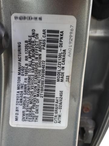 2T1BR38E73C004072 - 2003 TOYOTA COROLLA CE SILVER photo 12