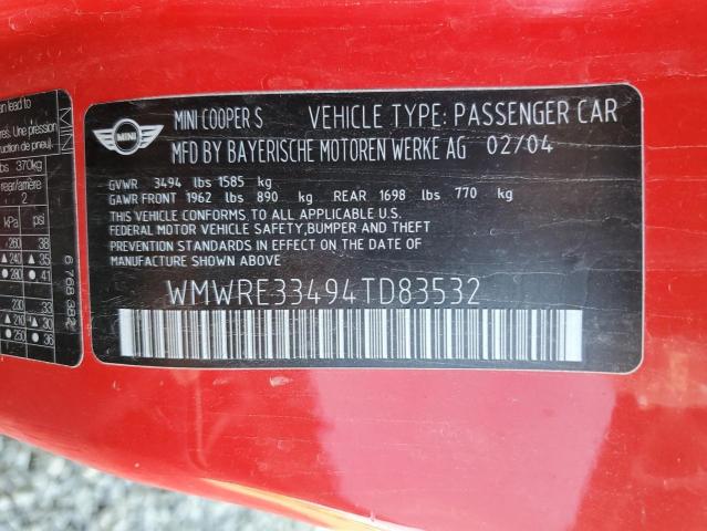 WMWRE33494TD83532 - 2004 MINI COOPER S RED photo 12