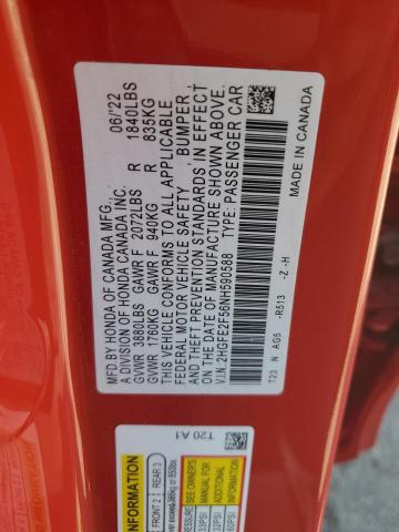 2HGFE2F56NH590588 - 2022 HONDA CIVIC SPORT 红色 照片 12