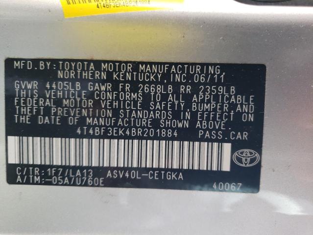 4T4BF3EK4BR201884 - 2011 TOYOTA CAMRY BASE SILVER photo 12