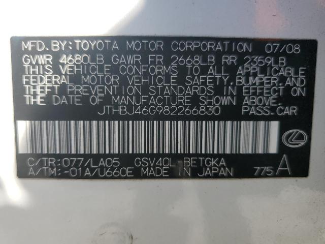 JTHBJ46G982266830 - 2008 LEXUS ES 350 WHITE photo 13