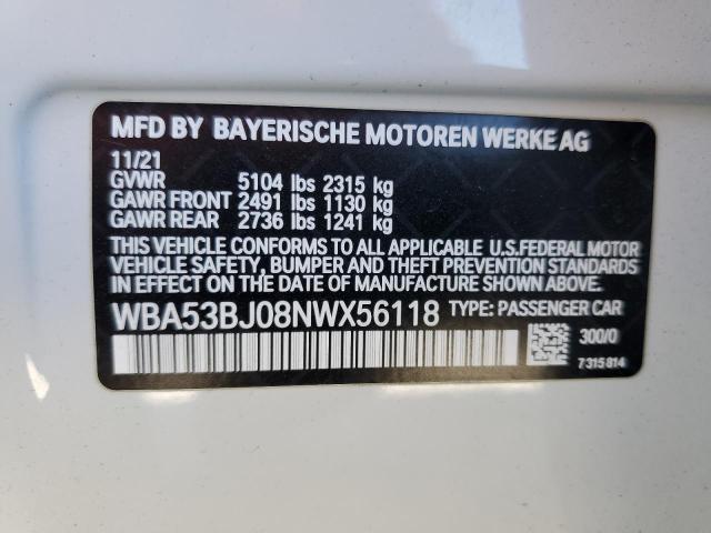 WBA53BJ08NWX56118 - 2022 BMW 540 I WHITE photo 12