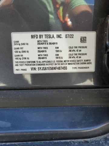 5YJSA1E56NF487455 - 2022 TESLA MODEL S 蓝色 照片 13