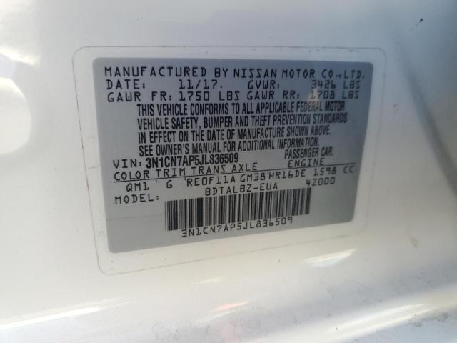 3N1CN7AP5JL836509 - 2018 NISSAN VERSA S WHITE photo 12