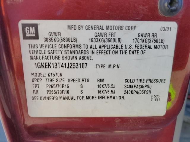 1GKEK13T41J253107 - 2001 GMC YUKON BURGUNDY photo 13