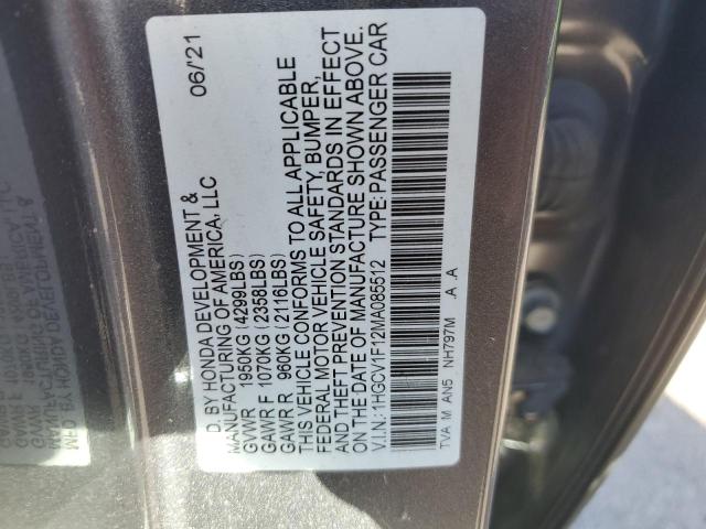 1HGCV1F12MA085512 - 2021 HONDA ACCORD LX BLACK photo 12