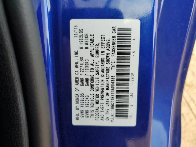 1HGCT1B33GA004356 - 2016 HONDA ACCORD LX-S BLUE photo 12