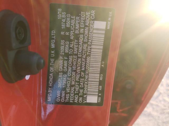 SHHFK7H61KU200880 - 2019 HONDA CIVIC EX RED photo 12