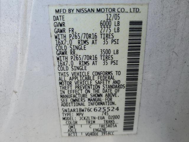 5N1AR18W76C625524 - 2006 NISSAN PATHFINDER LE WHITE photo 12