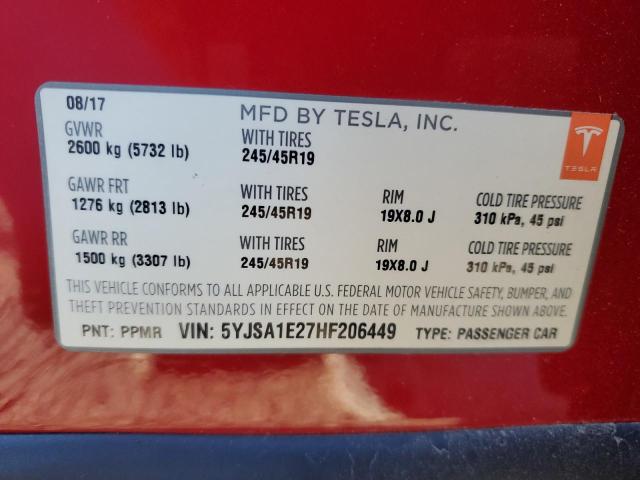 5YJSA1E27HF206449 - 2017 TESLA MODEL S RED photo 12