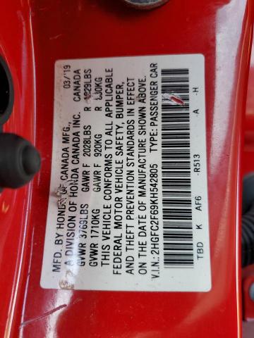 2HGFC2F69KH542805 - 2019 HONDA CIVIC LX RED photo 12