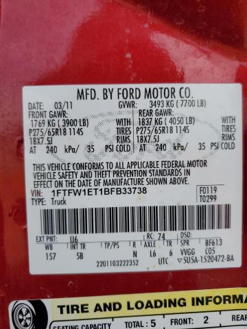 1FTFW1ET1BFB33738 - 2011 FORD F150 SUPERCREW RED photo 12