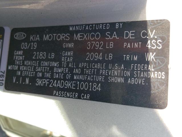 3KPF24AD9KE100184 - 2019 KIA FORTE FE SILVER photo 12